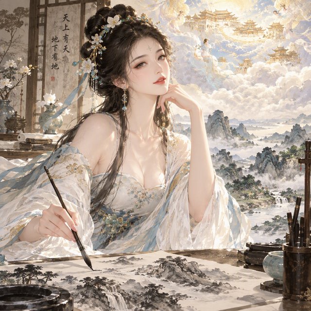 Heaven above, earth below. Ink-painting studio. Chinese painting style. Alluring. Peerless adult beauty. Radiant. — GPT Image 2.5 Flare