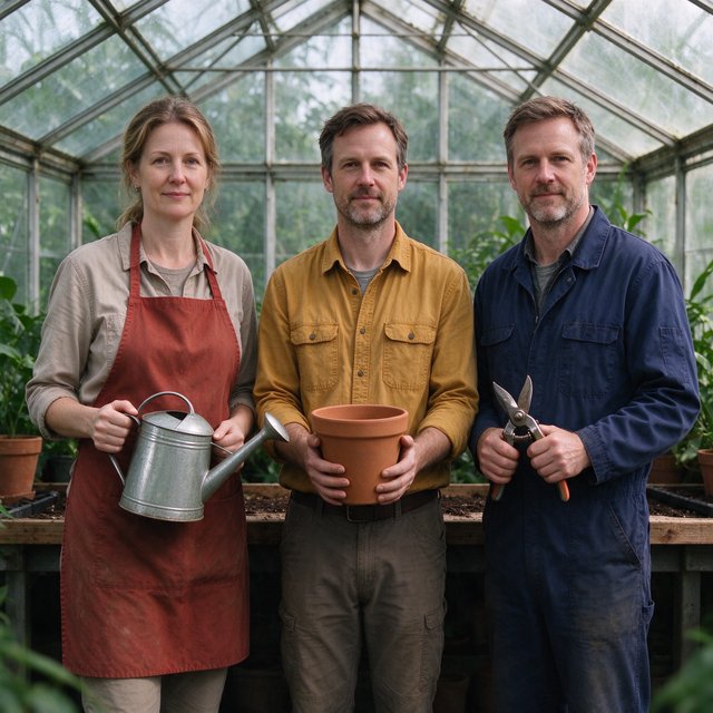 At a quiet greenhouse bench, exactly three adult botanists stand in a row: left wears a rust-red apron and holds a watering can, center wears a mustard shirt and holds a terracotta pot, right wears a navy jacket and holds pruning shears; nothing else. — Seedream 5.0 Flash