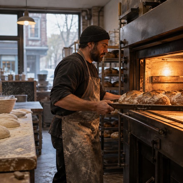 Candid documentary photograph of an adult baker sliding a tray of bread into a neighborhood bakery oven, warm oven glow mixing with gray dawn window light, 35mm lens with moderate depth of field, flour dust suspended above the workbench. — GPT Image 2.5 Sunburst