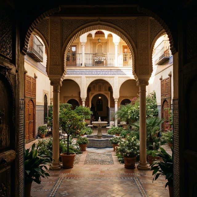 From a shaded courtyard entrance, Moorish Revival residences enclose a tiled fountain court, with cream stucco, carved cedar doors, and blue ceramic bands; late sunlight filters through arcades, revealing aligned walls and credible supports. — Nano Banana 2 Lite