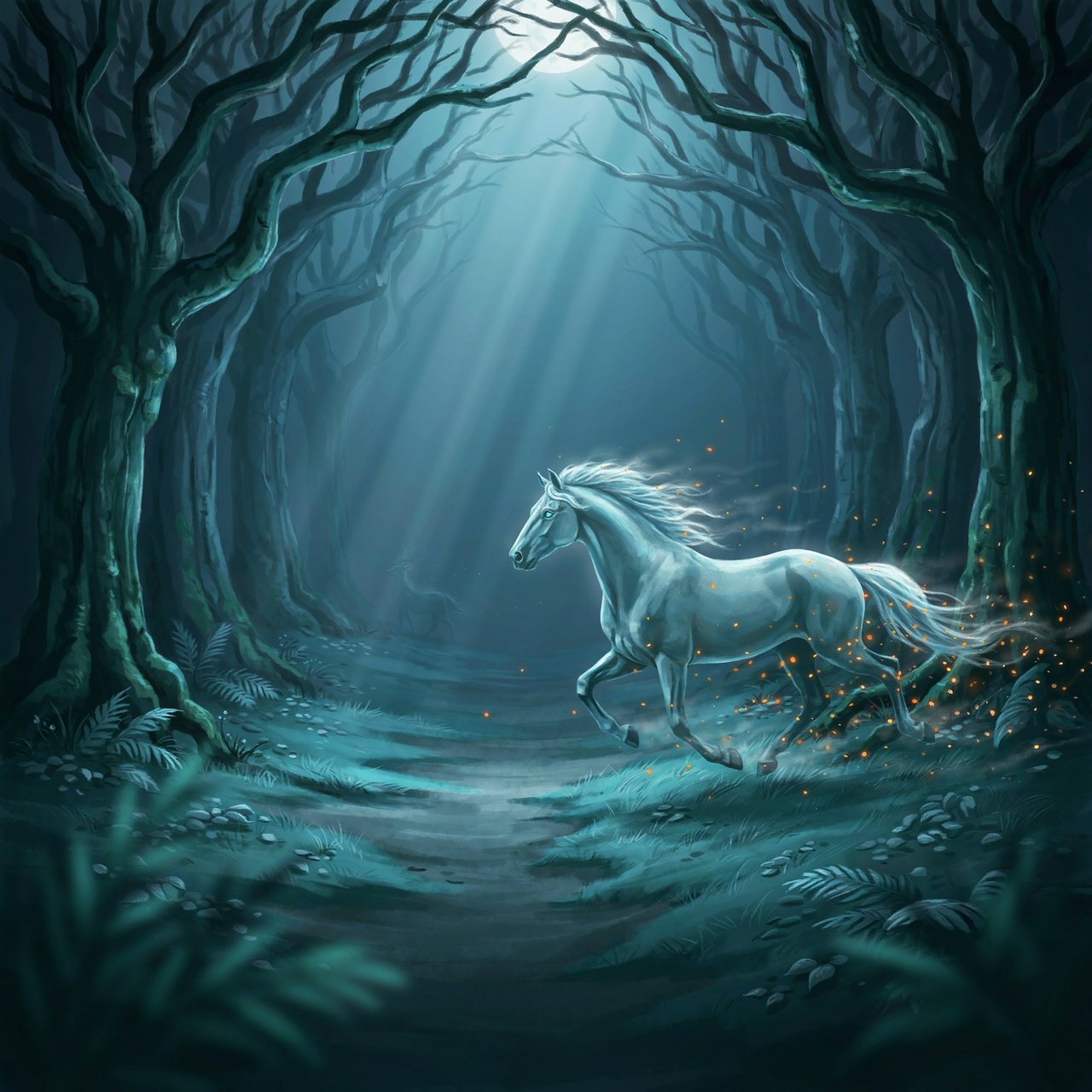 A majestic horse with a spectral mane and tail gallops through an enchanted, moonlit forest. Glimmering fireflies illuminate the path, casting an ethereal glow on ancient trees. The horse appears translucent, as if it's a phantom from another realm. The style is digital art, with surrealism and cinematic lighting to enhance the mysterious atmosphere — Ideogram v4