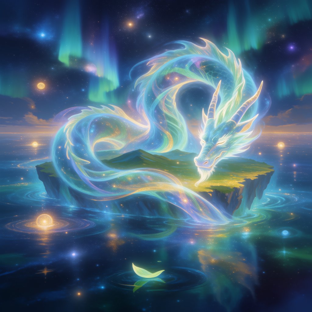 Whispers of mythic power coalesce into a spectral dragon, its form translucent and shimmering with auroral light, coiled around a floating island within a boundless celestial sea. Star-filled oceans stretch to the horizon, dotted with shimmering celestial bodies. The art style blends ethereal fantasy illustration with a subtle nod to ancient mythology, focusing on flowing lines and soft, glowing colors. The atmosphere is one of profound mystery and ancient magic. — Krea 2 Medium