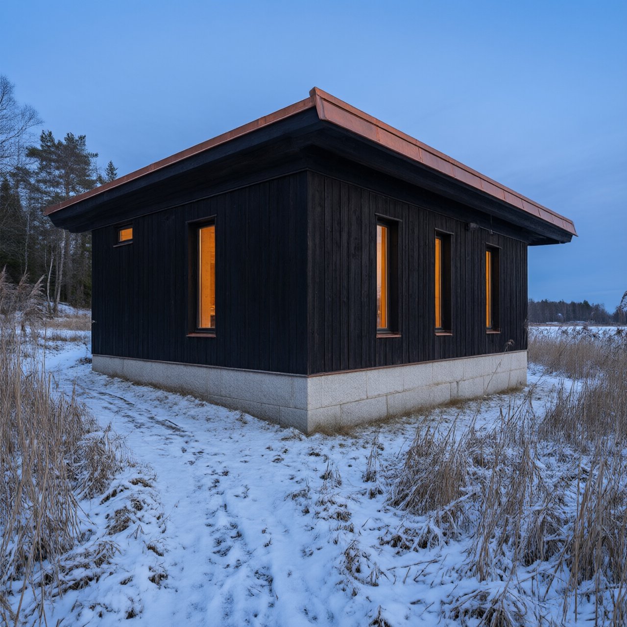 Exterior of a Scandinavian modernist lakeside sauna pavilion, blackened timber cladding, pale granite plinth, copper roof, winter blue-hour light glowing through narrow windows, viewed from a snowy reed-lined path, straight structural geometry and plausible construction. — Qwen Image 3.0