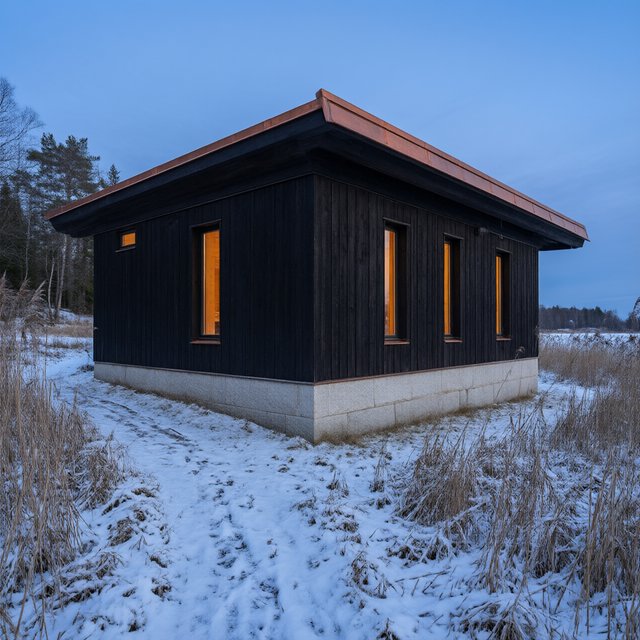 Exterior of a Scandinavian modernist lakeside sauna pavilion, blackened timber cladding, pale granite plinth, copper roof, winter blue-hour light glowing through narrow windows, viewed from a snowy reed-lined path, straight structural geometry and plausible construction. — Qwen Image 3.0