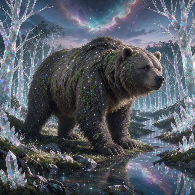 A colossal ancient bear, its fur woven with moss and starlight, stands at the edge of a shimmering, otherworldly forest. The trees are made of crystal and emit a soft, ethereal glow. In the distance, a nebula swirls in the twilight sky. The scene is rendered in a fantasy art style, with surrealist elements and cinematic lighting that emphasizes the majestic scale of nature. — FLUX 3 Image