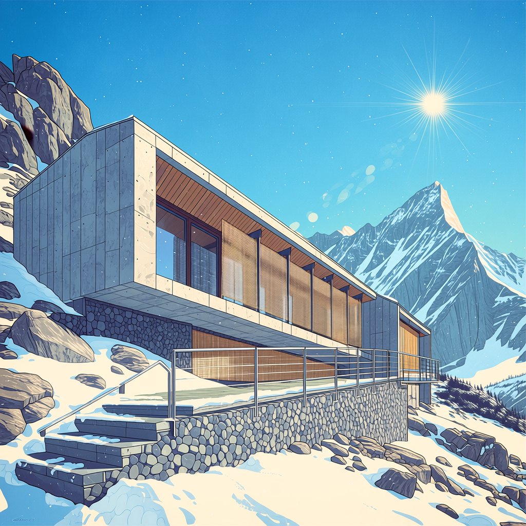Exterior of a contemporary alpine research lodge in restrained regional modernism, rough granite walls, larch screens, steep standing-seam roof, crisp snow-bright morning light, viewed from below across a mountain footpath, sound structural geometry. — Midjourney Niji 7