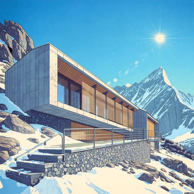 Exterior of a contemporary alpine research lodge in restrained regional modernism, rough granite walls, larch screens, steep standing-seam roof, crisp snow-bright morning light, viewed from below across a mountain footpath, sound structural geometry. — Midjourney Niji 7