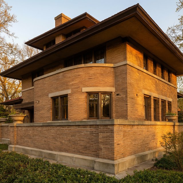 Exterior of a Prairie School residence with broad overhanging eaves, warm brick, limestone courses, and ribbon windows; amber evening light grazes the facade, viewed obliquely from a garden path, with disciplined horizontal lines and credible structure. — Qwen Image 3.0 Pro