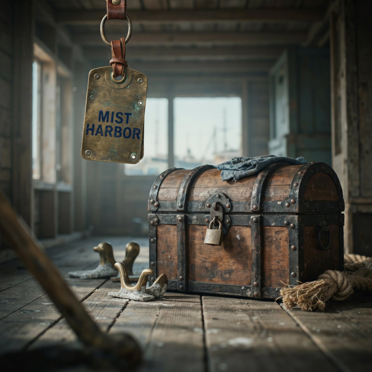 A brass luggage tag hangs from a weathered sea chest in a harbor loft, its face bearing “MIST HARBOR” in deeply stamped blue capitals; ropes and salt-crusted fittings surround it, with no other writing visible. — Ideogram v4