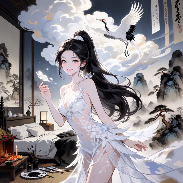 Heaven above, earth below. Ink-painting studio. Chinese painting style. Alluring. Peerless adult beauty. Radiant. — Krea 2 Medium