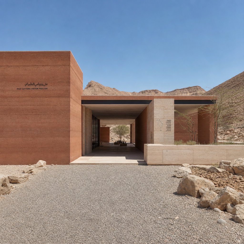 A contemporary desert visitor pavilion built from rust-colored rammed earth and pale limestone sits beside a dry wadi; deep shaded openings frame the courtyard. Hard midday sun, viewed from the gravel approach, crisp geometry and believable construction. — GPT Image 2
