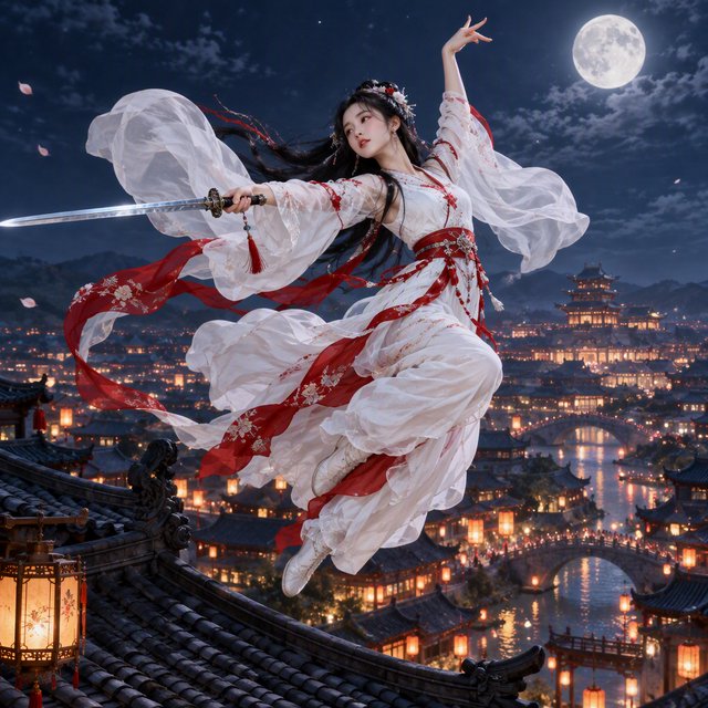 Elegant young adult Chinese female dancer performing a sword dance on a rooftop in ancient China at night, wearing flowing hanfu in primary white with secondary red accents. She leaps high in midair with her body arched backward, sword arm thrust forward, while her other arm rises gracefully above her with the hand forming delicate orchid fingers. Frontal three-quarter view, long black hair and sleeves flowing, expressive elegant pose, lantern-lit ancient city below, glowing rooftops and streets, romantic moonlit atmosphere. — GPT Image 2.5 Flare
