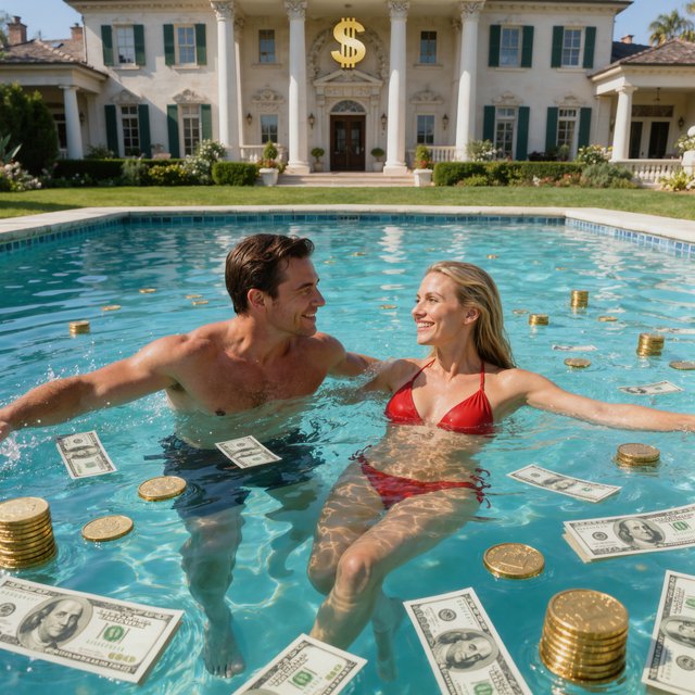 A wealthy adult couple swimming in a huge pool full of money, near a huge mansion with dollar signs on it, with a fun, happy vibe. — Kling v3 Omni