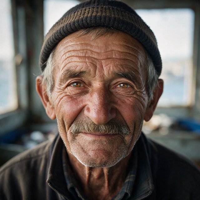 Close-up portrait of an elderly fisherman with deep wrinkles and a knitted cap, catchlights in the eyes, weathered skin texture, soft window light. — Seedream 5.0 Pro