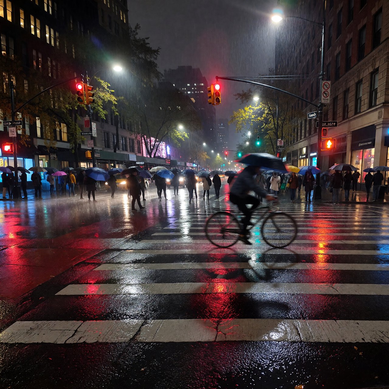 A rain-soaked city crosswalk at night seen from across the street, umbrellas, reflections of traffic lights on wet asphalt, slight motion blur on a passing cyclist. — ImagineArt 1.5 Pro