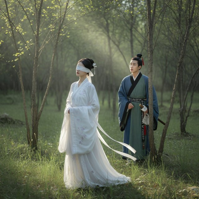 A beautiful young adult woman in flowing white hanfu stands quietly in a sparse forest, blindfolded with a soft white cloth. Grass surrounds her feet, and the scene feels calm, mysterious, and poetic. A few steps behind her stands a young adult male Taoist in traditional robes, gazing at her with a mesmerized, captivated expression. Gentle natural light filters through the thin trees, creating an ethereal atmosphere. Cinematic, elegant, emotionally evocative. — Grok Imagine Image Quality