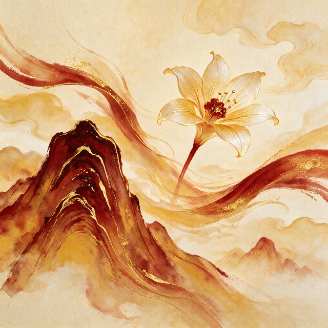 Gently sweeping forms emerge from long, subtle color transitions and soft contours. Bold ink strokes create resilient, confident edges that taper and densify in response to pressure. Raised, polished gold captures directional light in warm, metallic flashes. Luminous, rim-lit gradients blend wet-on-wet into floating patches of color, while a restrained palette of warm ochre, ivory, and deep crimson creates radiant, painterly highlights against a soft, atmospheric background. A flower in the summer wind. — Seedream 5.0 Pro