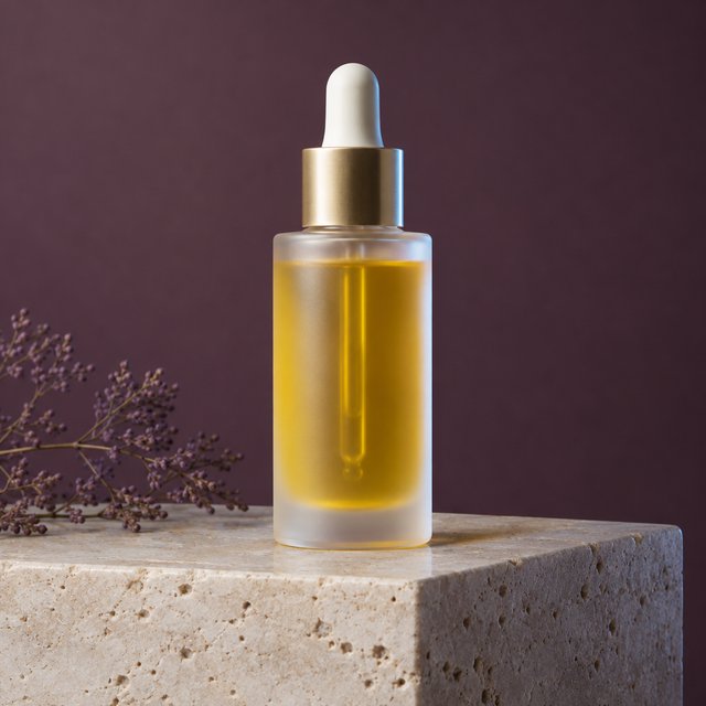 Under a broad diffused key and cool edge light, an unbranded frosted-glass serum bottle displays clear golden oil against a muted plum background, resting on honed pale travertine with its blank surface free of lettering. — GPT Image 2.5 Flare