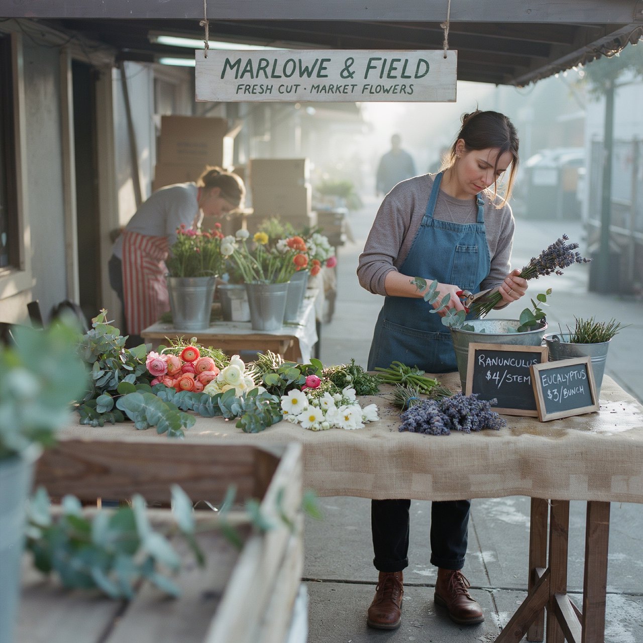 Candid documentary photograph of an adult florist arranging loose stems at an outdoor market stall, soft early-morning side light, 50mm lens with shallow depth of field, tiny water droplets beading on the cut leaves. — Ideogram v4