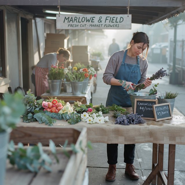 Candid documentary photograph of an adult florist arranging loose stems at an outdoor market stall, soft early-morning side light, 50mm lens with shallow depth of field, tiny water droplets beading on the cut leaves. — Ideogram v4