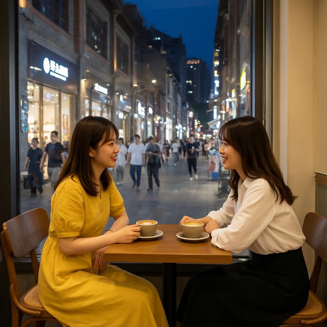 A cozy nighttime café scene featuring two young adult Chinese women seated at a table by a window. One wears a yellow dress, and the other, seated opposite her, wears a white blouse and black skirt. They are chatting warmly with each other, with two cups of coffee on the table. Outside the window, a lively shopping street glows with evening lights, creating a relaxed, intimate, and cinematic atmosphere. — Qwen Image 3.0