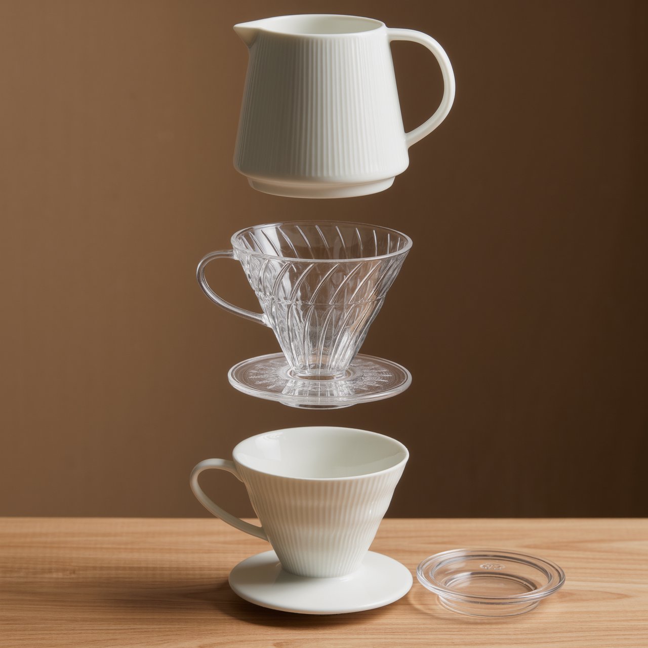 From directly overhead, an unbranded pour-over coffee set with ribbed porcelain and clear borosilicate components arranged in sequence on pale oak; warm taupe background, broad diffused softbox light and gentle side fill shape this commercial product image, no lettering. — Kling v3 Omni
