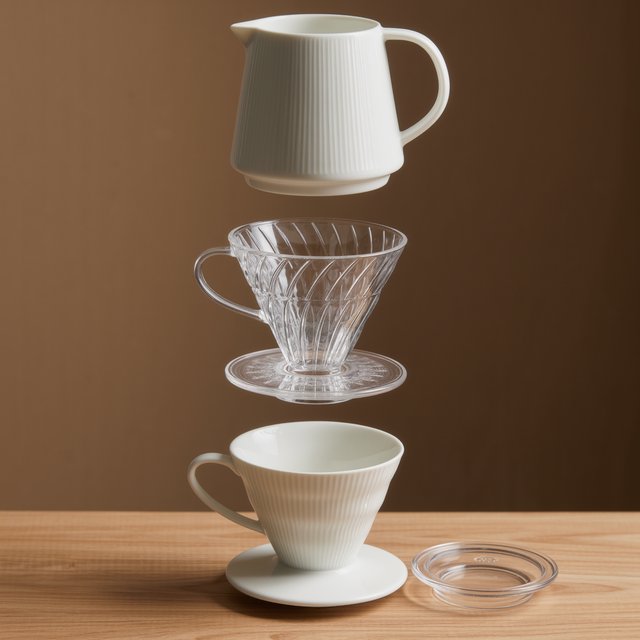 From directly overhead, an unbranded pour-over coffee set with ribbed porcelain and clear borosilicate components arranged in sequence on pale oak; warm taupe background, broad diffused softbox light and gentle side fill shape this commercial product image, no lettering. — Model 10