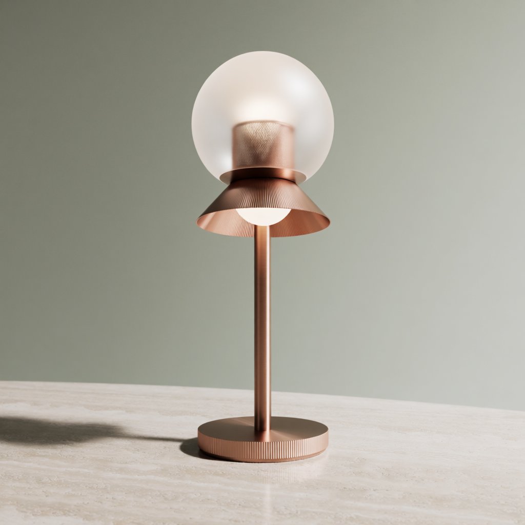 Commercial product photograph of an unbranded sculptural desk lamp with a frosted opal glass globe and brushed copper stem, standing on a pale travertine surface against a muted sage background, illuminated by soft overhead diffusion and a delicate warm rim light. — Krea 2 Medium