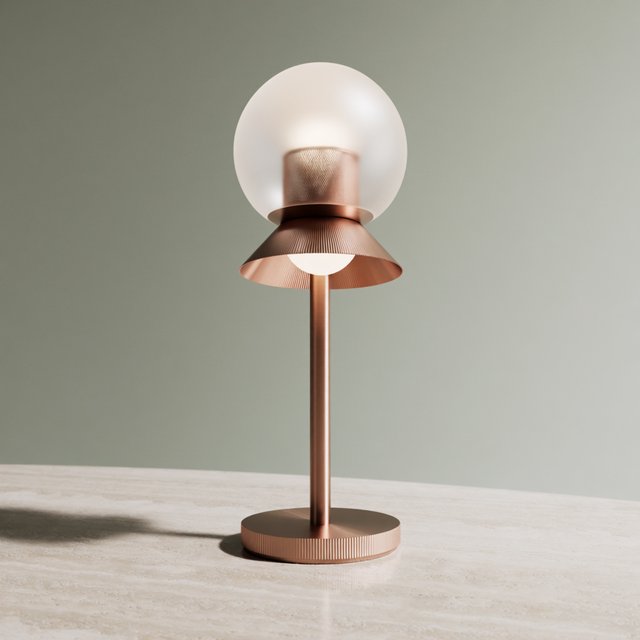 Commercial product photograph of an unbranded sculptural desk lamp with a frosted opal glass globe and brushed copper stem, standing on a pale travertine surface against a muted sage background, illuminated by soft overhead diffusion and a delicate warm rim light. — Krea 2 Medium