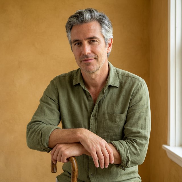 Portrait photograph of an adult man in his 40s with silver-streaked hair, wearing a textured olive linen shirt and rolled sleeves, hands resting on a wooden cane, relaxed expression, ochre plaster backdrop, soft window light from the side. — Qwen Image 3.0 Pro