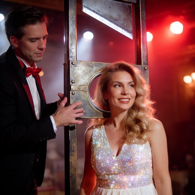 Well dressed stage magician performs the guillotine illusion using a beautiful glamorous adult female assistant. The smiling confident assistant has her head through the hole in the guillotine device. — Krea 2 Large