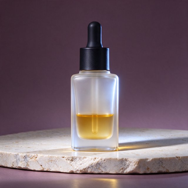 Under a broad diffused key and cool edge light, an unbranded frosted-glass serum bottle displays clear golden oil against a muted plum background, resting on honed pale travertine with its blank surface free of lettering. — Seedream 5.0 Flash