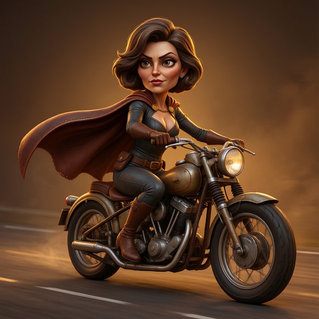 A modeled 3D character design featuring exaggerated, caricatured proportions and a striking silhouette—combined with subtle, nuanced skin shading and warm, cinematic rim lighting—creates an elegant aesthetic reminiscent of modern animated films. The result is a polished, stylized rendering characterized by rich color depth, expressive caricatured facial features, painterly texture details, and a dramatic, theatrical atmosphere typical of contemporary animation. An adult female superhero with a flowing cape on a moving motorcycle. Dieselpunk style. — Qwen Image 3.0
