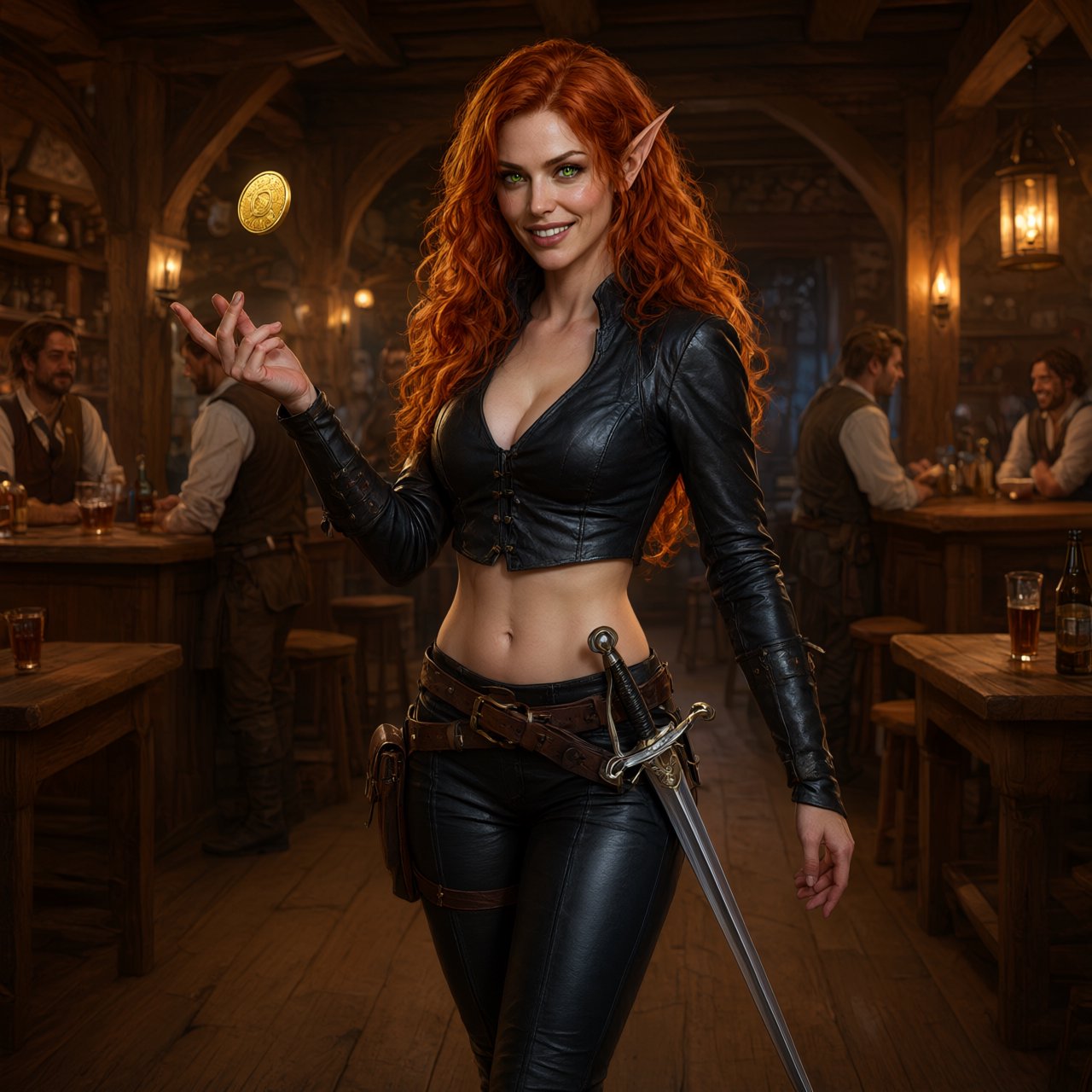 A beautiful, slim adult elf woman wearing black leather pants and a black leather crop top that leaves her belly exposed. She has stunning, intense green eyes and long, flowing, curled red hair. She is smiling; she is a rogue, with a rapier hanging from her belt. She is catwalking through a medieval fantasy tavern at night while flipping a golden coin, in a realistic fantasy style. — Qwen Image 3.0 Pro