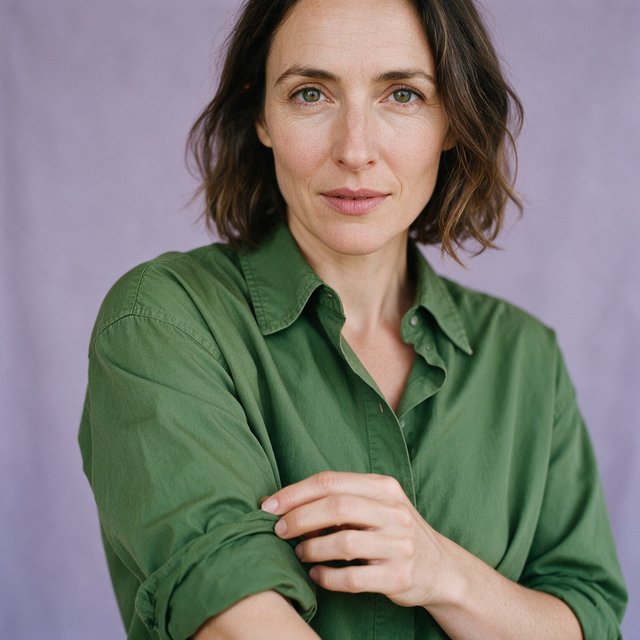 Portrait photograph of an adult woman in her late 30s wearing a moss-green cotton poplin shirt, fingers lightly turning its rolled cuff. Her calm, observant expression faces the camera against a chalky lavender backdrop, lit by soft diffused skylight. — Seedream 5.0 Pro