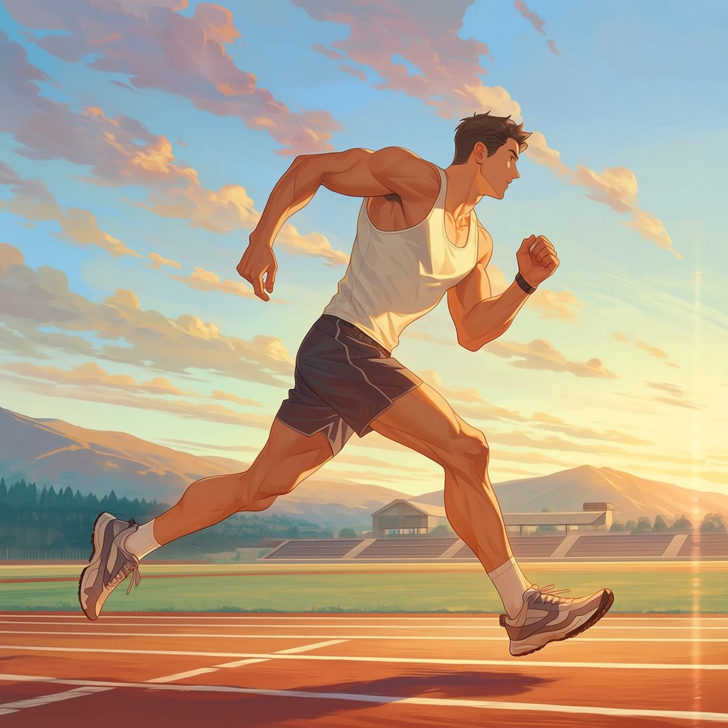 Adult male athlete in running shorts and a tank top mid-sprint on an outdoor track at dawn, muscles defined, motion captured sharply. — Midjourney Niji 7
