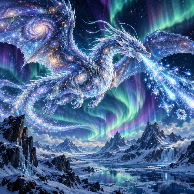 A majestic dragon made of pure starlight and frozen cosmic dust, soaring through a celestial winter landscape. Its scales shimmer with the light of a thousand galaxies, and its breath is a trail of icy comets. The background features swirling aurora borealis over a frozen, mountainous terrain. The style is a blend of painterly fantasy art and surrealism. — GPT Image 2.5 Flare