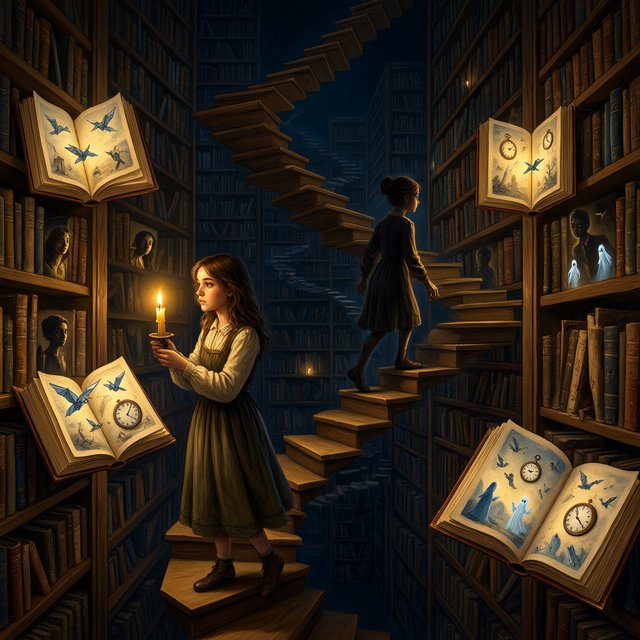 In an infinite library where floating staircases defy gravity, a young woman carries a candle through endless shelves. Her shadow has quietly detached itself from her feet and now wanders independently among the towering bookcases, secretly opening glowing books filled with forgotten memories. Each open page reveals miniature worlds: flying origami birds, drifting clocks, and tiny ghostly figures. The woman's candlelight creates impossible reflections, revealing dozens of alternative shadows with distinct personalities. Dreamlike surrealism, warm golden candlelight set against deep blue darkness, intricate details, magical realism, painterly. — Qwen Image 3.0 Pro