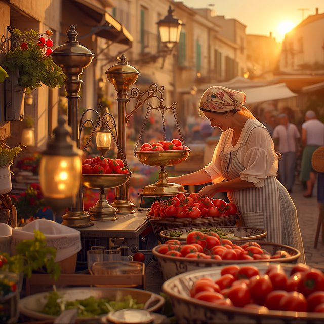 Candid street photograph of an outdoor vegetable market at golden hour, a vendor weighing tomatoes on a brass scale, shallow depth of field, 50mm lens. — Midjourney Niji 7