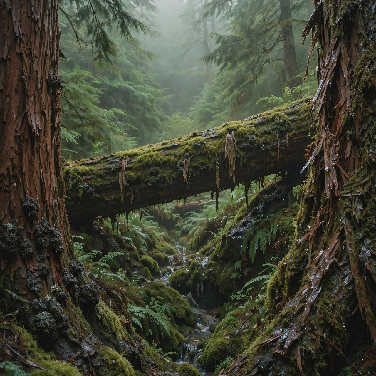 Between cedar trunks, a moss-covered fallen giant bridges a fern-filled ravine in steady dawn drizzle; shredded bark, rain-dark lichen, and tiny rivulets stand crisp nearby while successive trees dissolve into green mist. — Muse Image 1.0