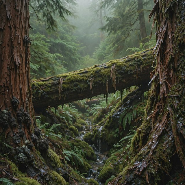 Between cedar trunks, a moss-covered fallen giant bridges a fern-filled ravine in steady dawn drizzle; shredded bark, rain-dark lichen, and tiny rivulets stand crisp nearby while successive trees dissolve into green mist. — Muse Image 1.0
