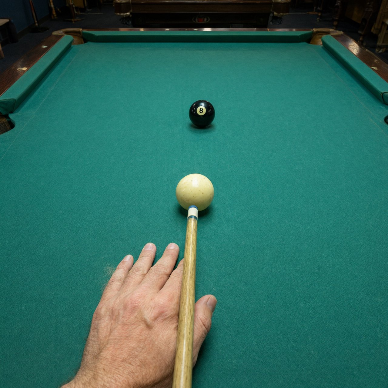 First-person perspective of an adult pool player’s left hand holding the cue, aiming the white cue ball at the black 8-ball and intending to pocket it in the center pocket. — Qwen Image 3.0
