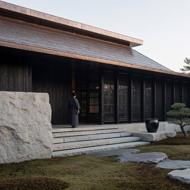 Exterior of a Kyoto-inspired contemporary teahouse in restrained Japanese timber architecture, charred cedar screens, pale granite, and a copper-clad roof; soft rain-bright afternoon light, viewed obliquely from a moss garden path, precise joinery and credible structure. — Krea 2 Medium