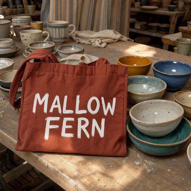 Sunlight pools over a pottery market table, where a rust-red canvas tote rests beside glazed bowls; "MALLOW FERN" is hand-painted in chunky white letters on its front, with no other legible writing. — Model 2