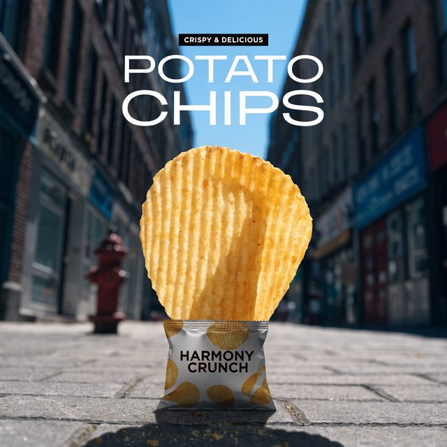 A creative promotional poster for potato chips featuring a forced perspective effect. — Recraft v4 Pro