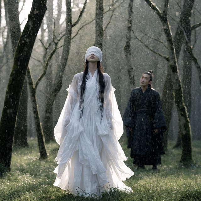 A beautiful young adult woman in flowing white hanfu stands quietly in a sparse forest, blindfolded with a soft white cloth. Grass surrounds her feet, and the scene feels calm, mysterious, and poetic. A few steps behind her stands a young adult male Taoist in traditional robes, gazing at her with a mesmerized, captivated expression. Gentle natural light filters through the thin trees, creating an ethereal atmosphere. Cinematic, elegant, emotionally evocative. — Recraft v4