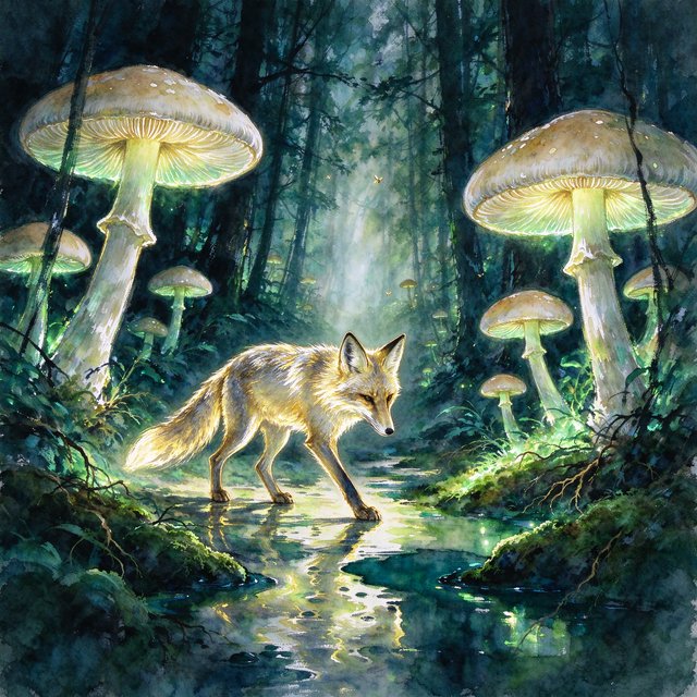 A solitary fox with fur like molten moonlight walks through an ethereal forest. Towering, bioluminescent fungi illuminate the path, casting an otherworldly glow. The style is reminiscent of early 20th-century magical realism, with bold, gestural brushstrokes akin to abstract expressionism, and a watercolor-like diffusion of light. — Model 19