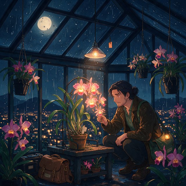 Rain beads on a rooftop greenhouse as an adult botanist studies luminous night-blooming orchids beneath glass panes; cel-shaded anime illustration in digital paint, palette of jade, magenta, indigo, and warm amber. — Seedream 5.0 Pro