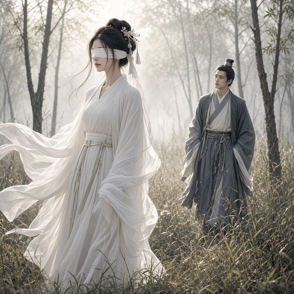 A beautiful young adult woman in flowing white hanfu stands quietly in a sparse forest, blindfolded with a soft white cloth. Grass surrounds her feet, and the scene feels calm, mysterious, and poetic. A few steps behind her stands a young adult male Taoist in traditional robes, gazing at her with a mesmerized, captivated expression. Gentle natural light filters through the thin trees, creating an ethereal atmosphere. Cinematic, elegant, emotionally evocative. — Grok Imagine Image 2