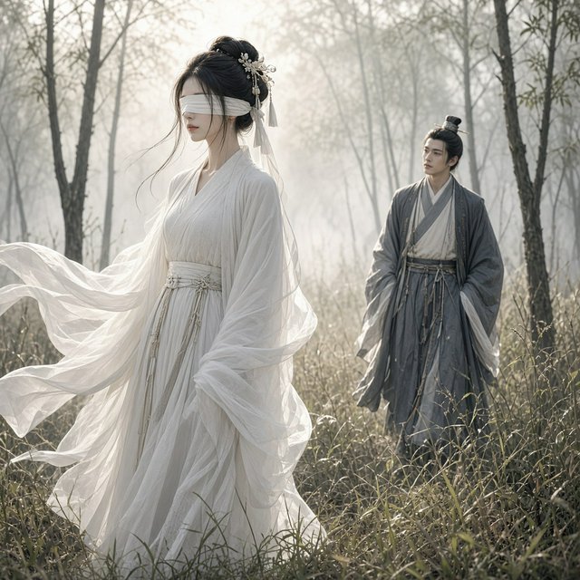 A beautiful young adult woman in flowing white hanfu stands quietly in a sparse forest, blindfolded with a soft white cloth. Grass surrounds her feet, and the scene feels calm, mysterious, and poetic. A few steps behind her stands a young adult male Taoist in traditional robes, gazing at her with a mesmerized, captivated expression. Gentle natural light filters through the thin trees, creating an ethereal atmosphere. Cinematic, elegant, emotionally evocative. — Grok Imagine Image 2